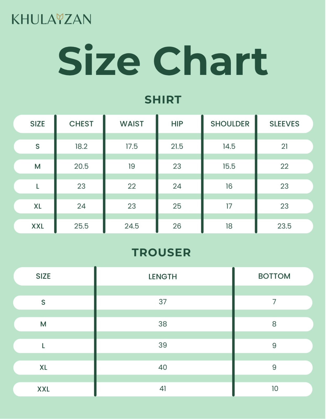 Khulayzan shirt and trouser size chart